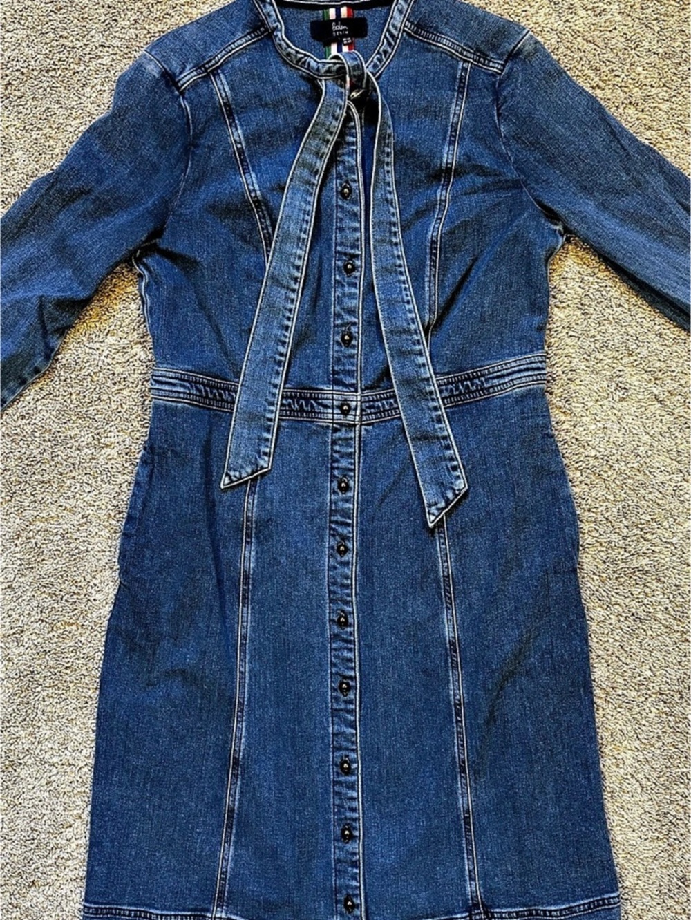 Boden Denim Neck Tie Puss-Bow Midi Dress Size 10 Long Like New
